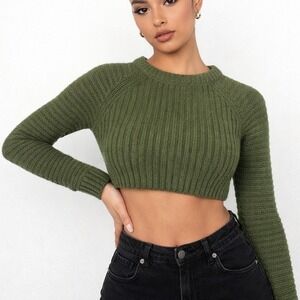 PrettyLittleThing Cropped Sweater XS Olive Green Ribbed Knit Top Y2K Streetwear